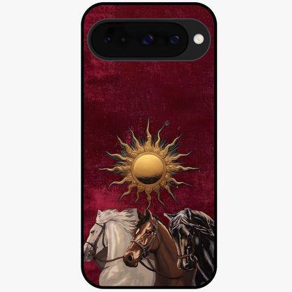 Solar Riders Glass Case showing flat back view with dynamic rider themed artwork and glossy glass finish.