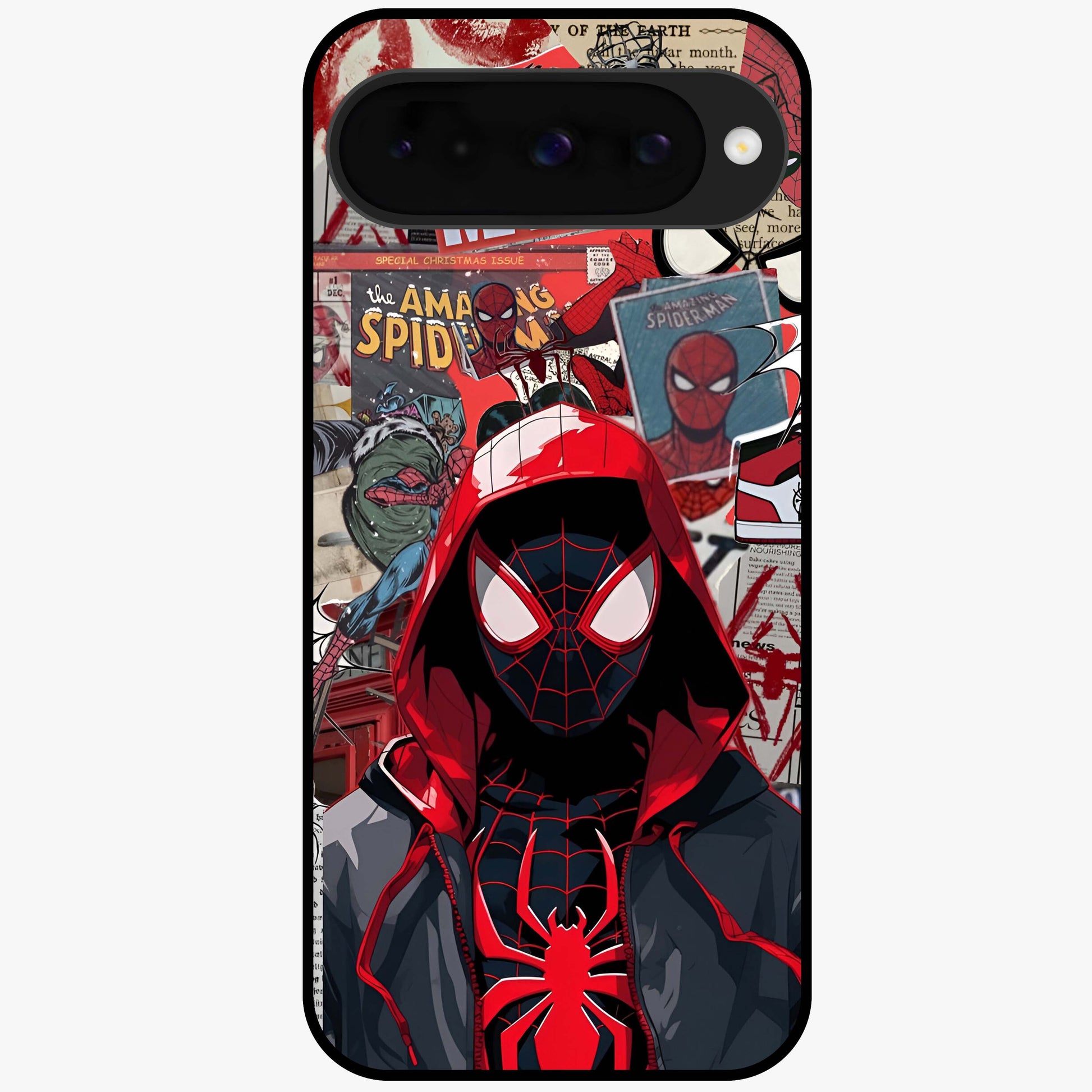 Spider Collage Street Glass Case showing flat back view with vibrant superhero collage artwork and glossy glass finish.