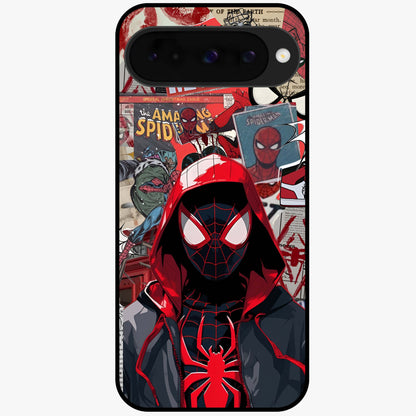 Spider Collage Street Glass Case showing flat back view with vibrant superhero collage artwork and glossy glass finish.