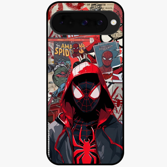 Spider Collage Street Glass Case showing flat back view with vibrant superhero collage artwork and glossy glass finish.