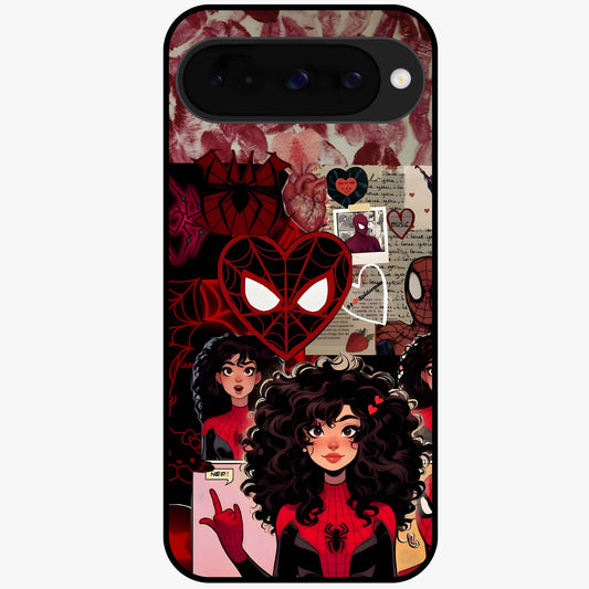 Spider Love Story Glass Case showing flat back view with romantic superhero themed artwork and glossy glass finish.