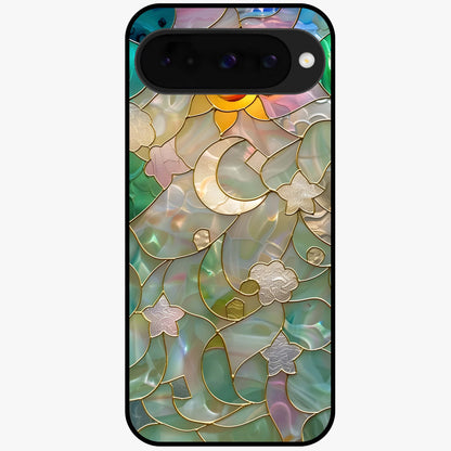 Stained Sunrise Glow Glass Case showing flat back view with glowing sunrise stained pattern artwork and glossy glass finish.