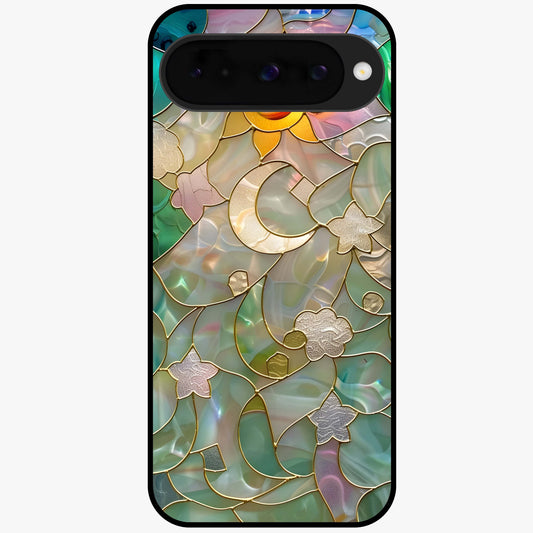 Stained Sunrise Glow Glass Case showing flat back view with glowing sunrise stained pattern artwork and glossy glass finish.