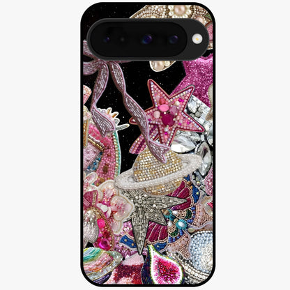 Starlit Jewel Dream Glass Case showing flat back view with sparkling jewel and star themed artwork and glossy glass finish.
