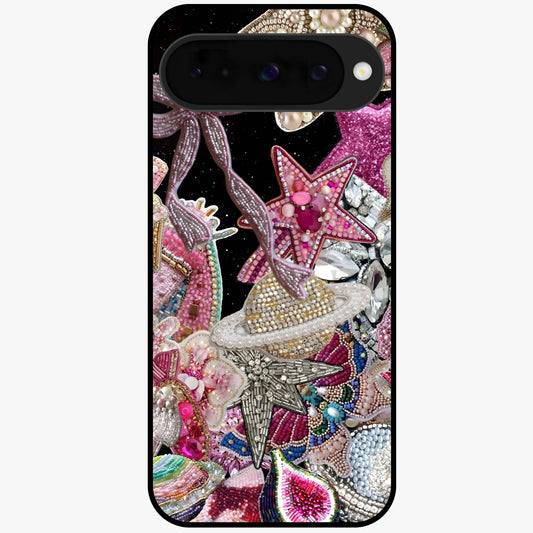 Starlit Jewel Dream Glass Case showing flat back view with sparkling jewel and star themed artwork and glossy glass finish.