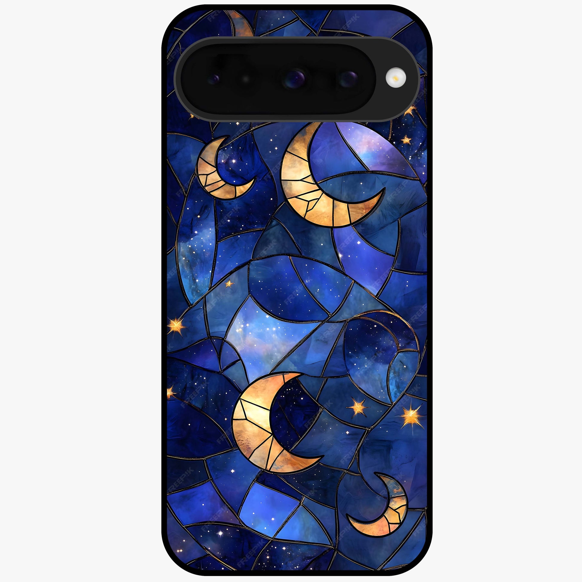 Starlit Sky Tapestry Glass Case showing flat back view with decorative starry sky tapestry artwork and glossy glass finish.