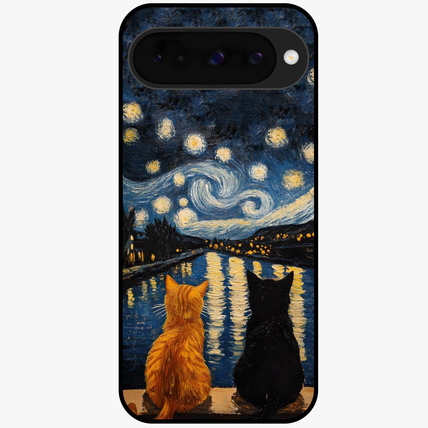 Starry River Cats Glass Case showing flat back view with cats by a starry river artwork and glossy glass finish.