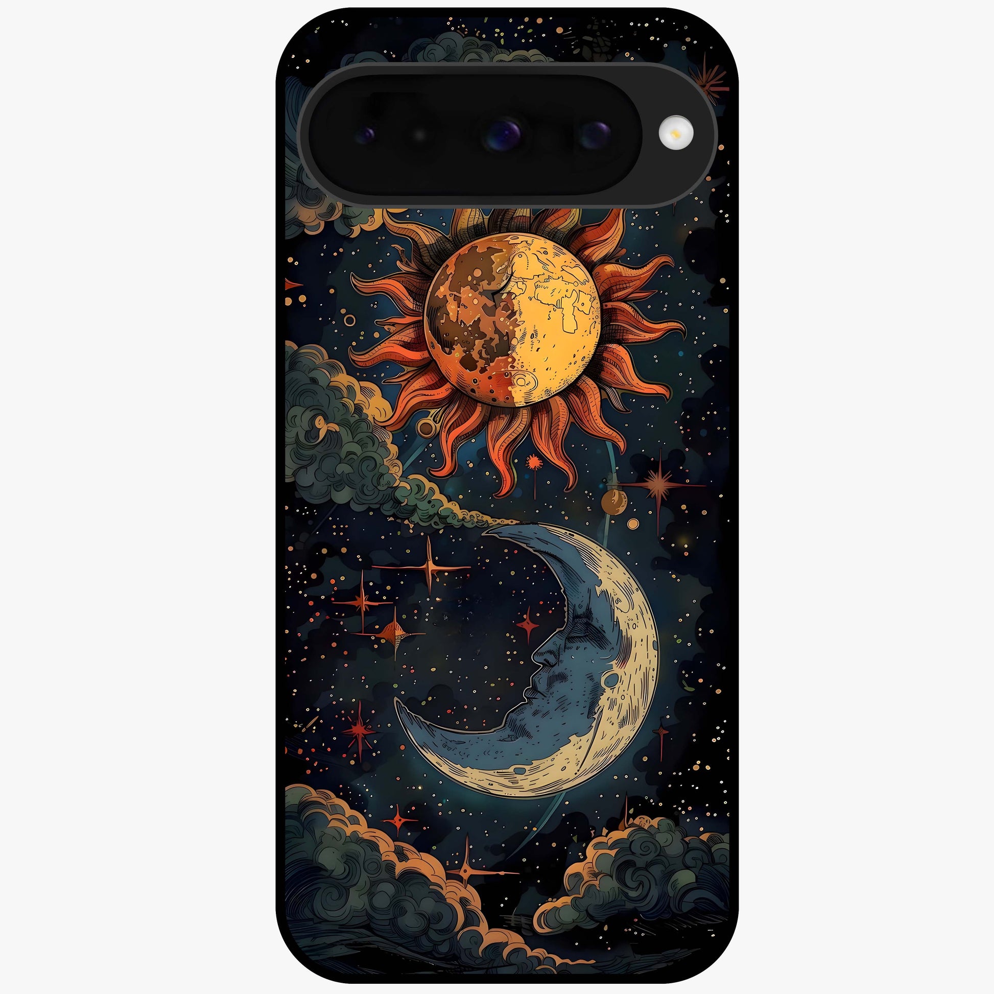Sun And Moon Magic Design Glass Case showing flat back view with mystical sun and moon artwork and glossy glass finish.