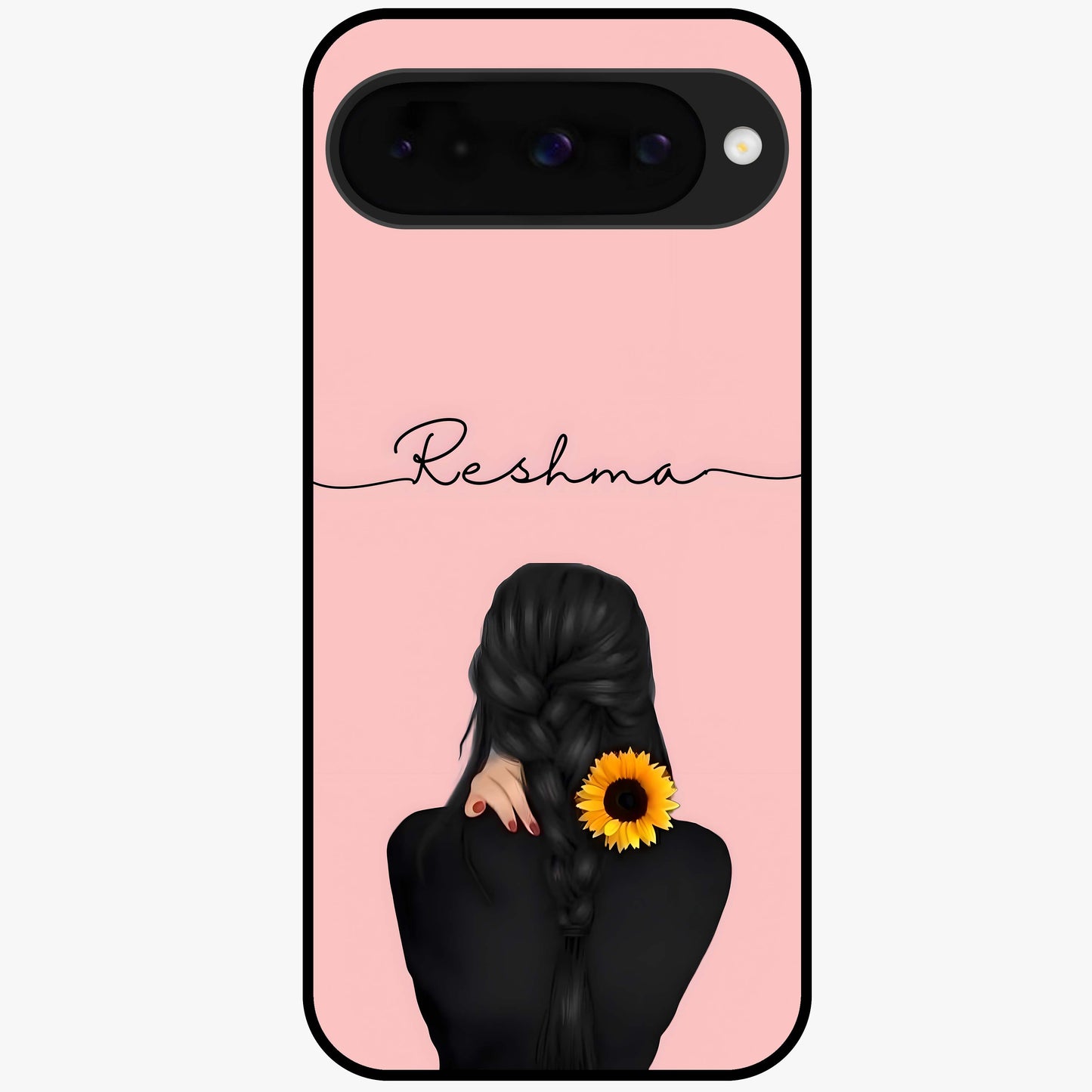 Sunflower Braid Beauty With Custom Name Glass Case showing flat back view with sunflower braid artwork and personalized name design.