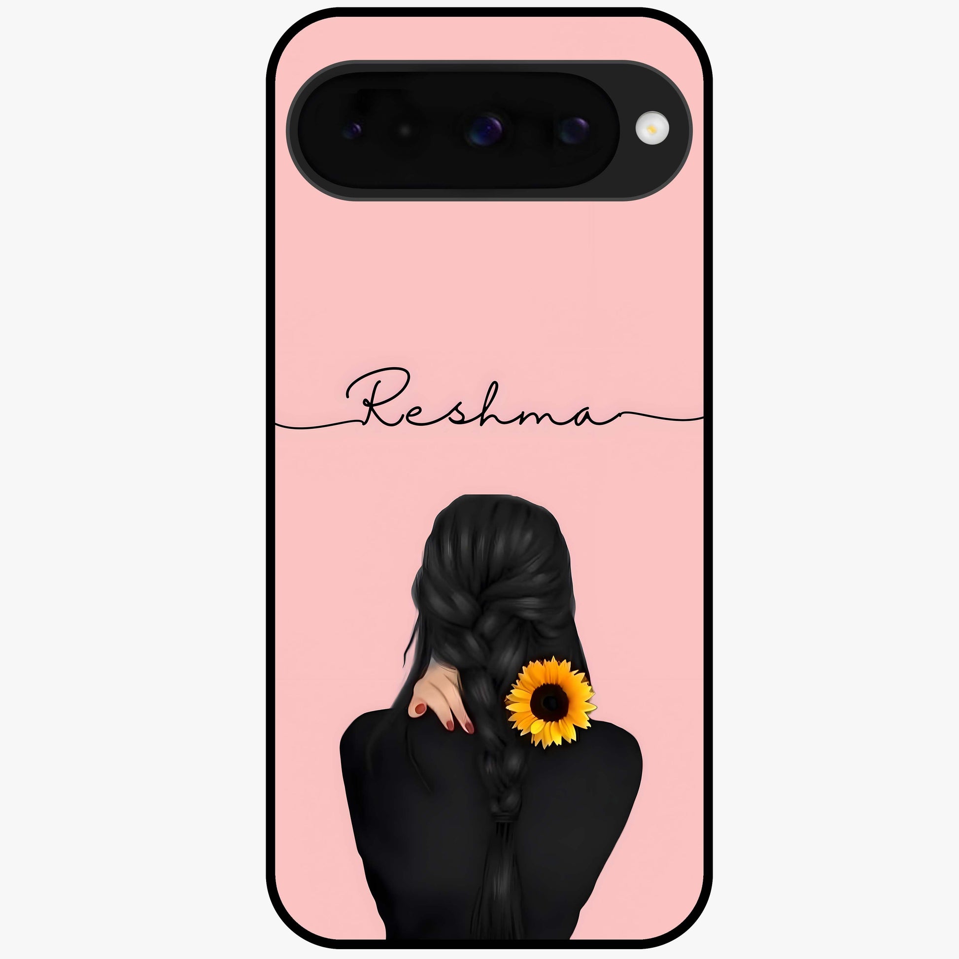 Sunflower Braid Beauty With Custom Name Glass Case showing flat back view with sunflower braid artwork and personalized name design.