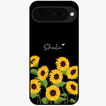 Sunflower Chic Mood Custom Name Glass Case showing flat back view with stylish sunflower artwork and personalized name design.
