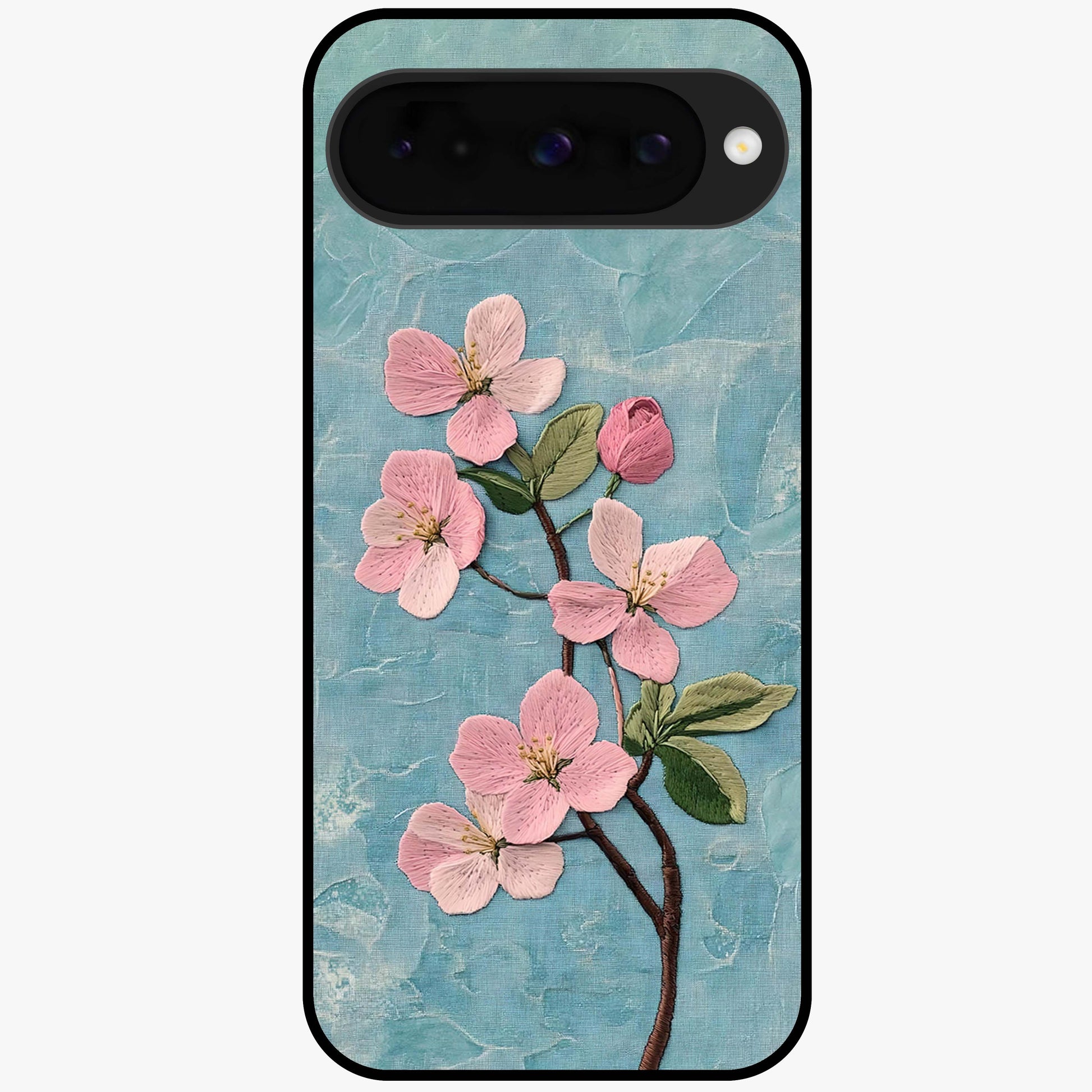 Threaded Blossom Breeze Glass Case showing flat back view with delicate blossom artwork and glossy glass finish.