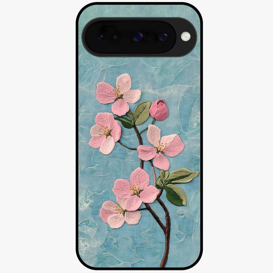 Threaded Blossom Breeze Glass Case showing flat back view with delicate blossom artwork and glossy glass finish.