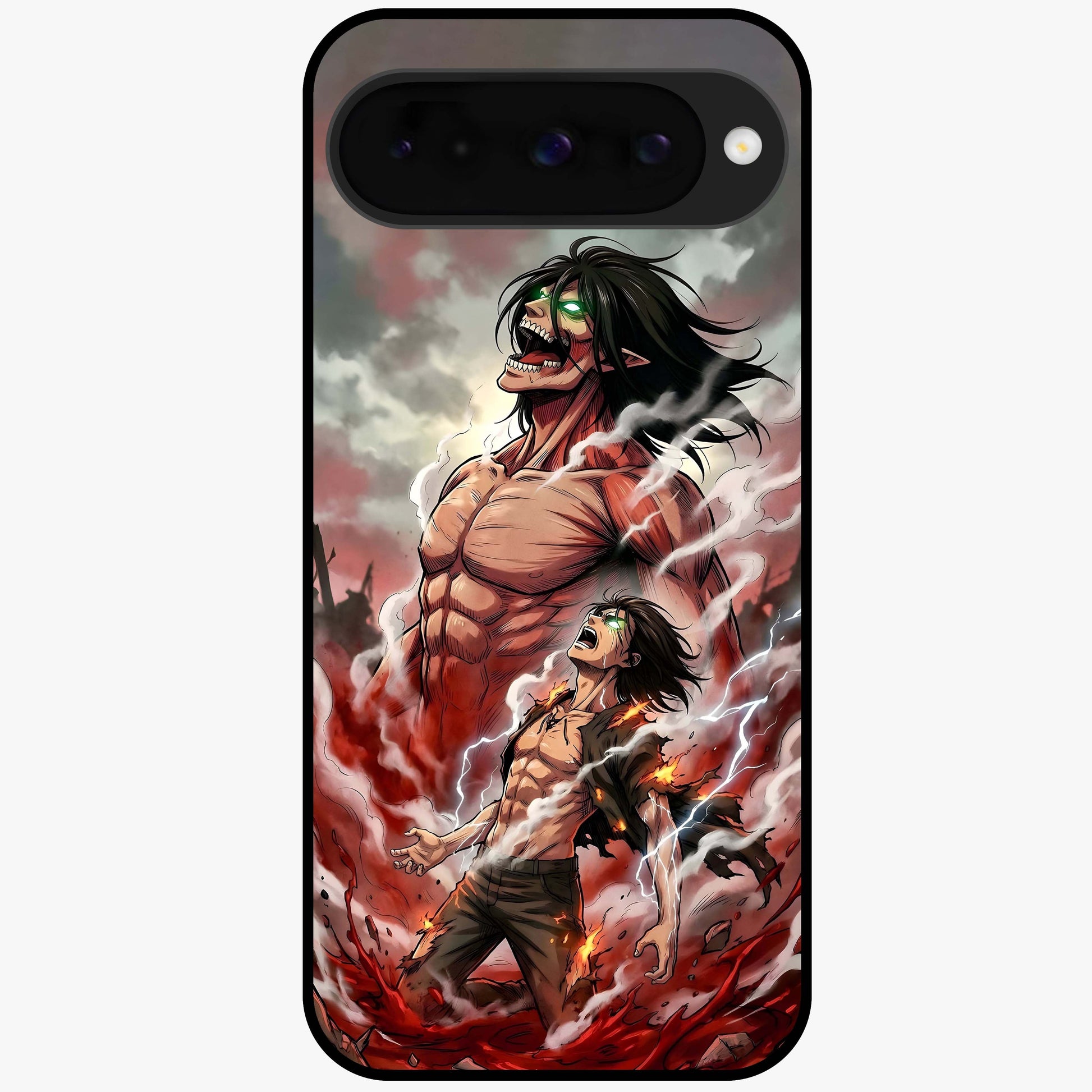 Titan Awakening Fury Glass Case showing flat back view with powerful titan inspired artwork and glossy glass finish.