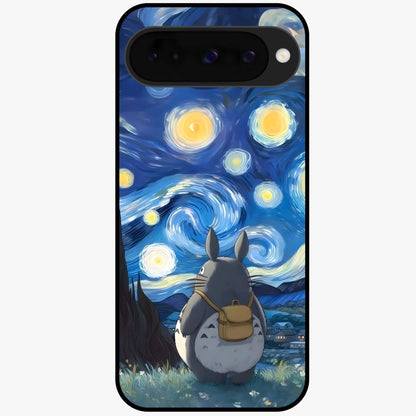 Totoro In Van Gogh Art Glass Case showing flat back view with whimsical character artwork inspired by Van Gogh style and glossy glass finish.