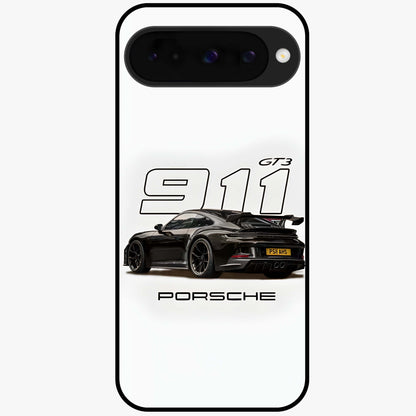 Turbo Legacy Icon Glass Case showing flat back view with iconic sports car inspired artwork and glossy glass finish.
