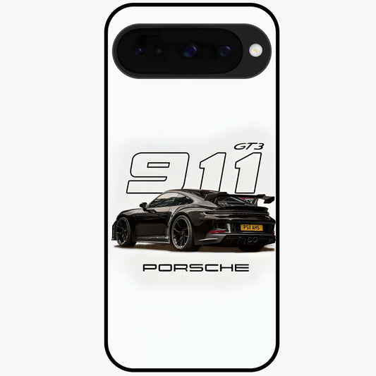 Turbo Legacy Icon Glass Case showing flat back view with iconic sports car inspired artwork and glossy glass finish.