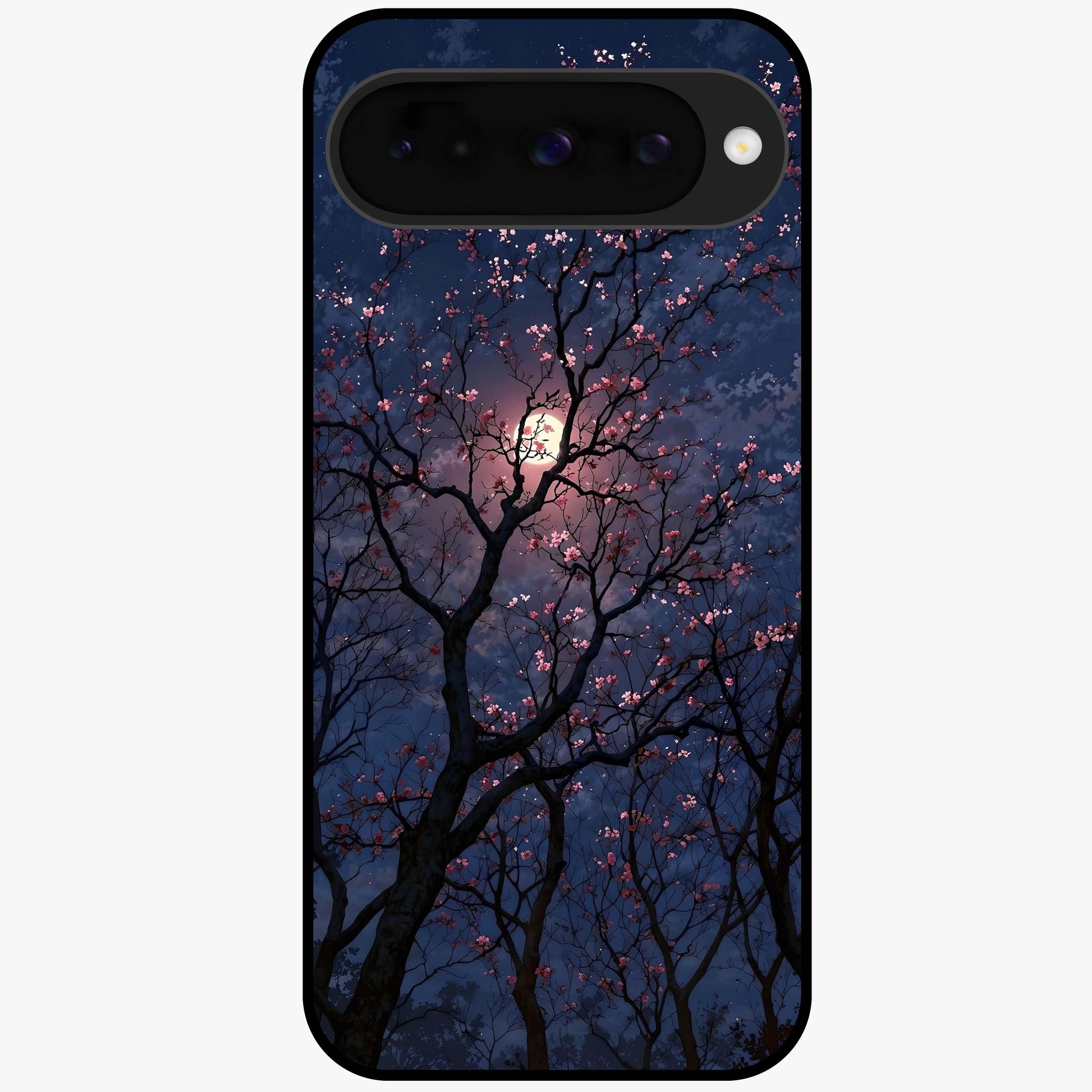 Twilight Sakura Serenade Glass Case showing flat back view with cherry blossom artwork at twilight and glossy glass finish.