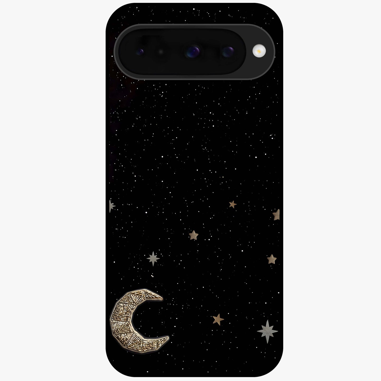 Twinkle Star With Half Moon Glass Case showing flat back view with star and half moon artwork and glossy glass finish.