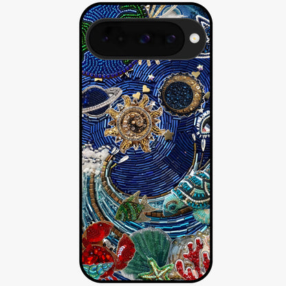 Universe Underwater Spark Glass Case showing flat back view with cosmic underwater themed artwork and glossy glass finish.