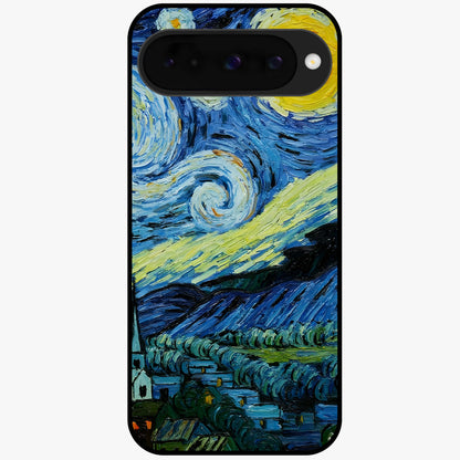 Van Gogh Art Glass Case showing flat back view with classic painterly artwork inspired by Van Gogh style and glossy glass finish.