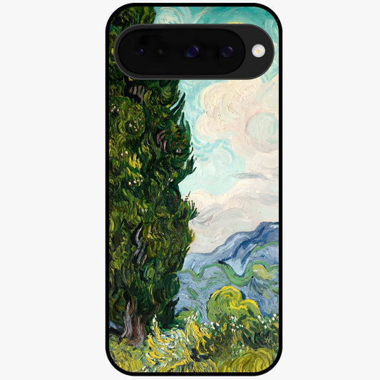 Van Gogh Vintage Art Glass Case showing flat back view with vintage painterly artwork inspired by Van Gogh style and glossy glass finish.