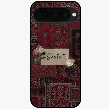 Velvet Wine Pattern Custom Name Glass Case showing flat back view with elegant wine colored pattern artwork and personalized name design.