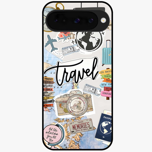 Wanderlust Journal Glass Case showing flat back view with travel inspired artwork and glossy glass finish.