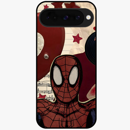 Web Warrior Vibes Glass Case showing flat back view with superhero inspired web themed artwork and glossy glass finish.