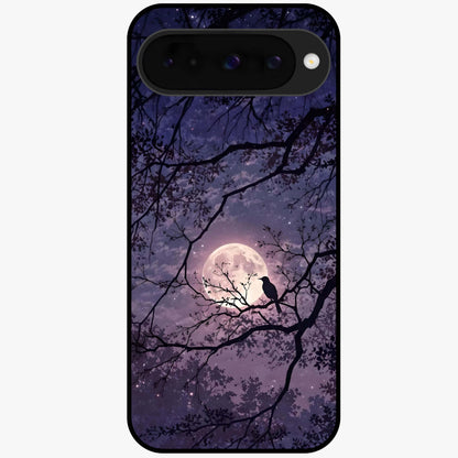 Whispering Moon Silence Glass Case showing flat back view with serene moon themed artwork and glossy glass finish.