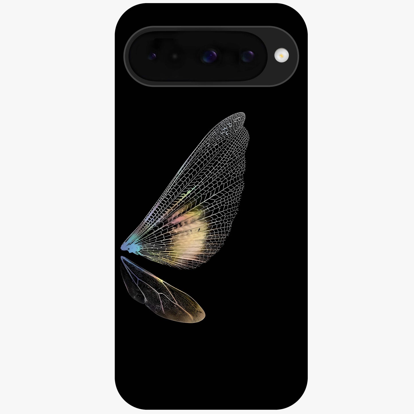 Whispers Of Wings Glass Case showing flat back view with graceful wing inspired artwork and glossy glass finish.