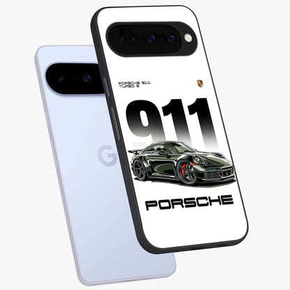 911 Turbo Dominance Glass Case displayed in premium angled mockup highlighting sporty car illustration and sleek glass surface.