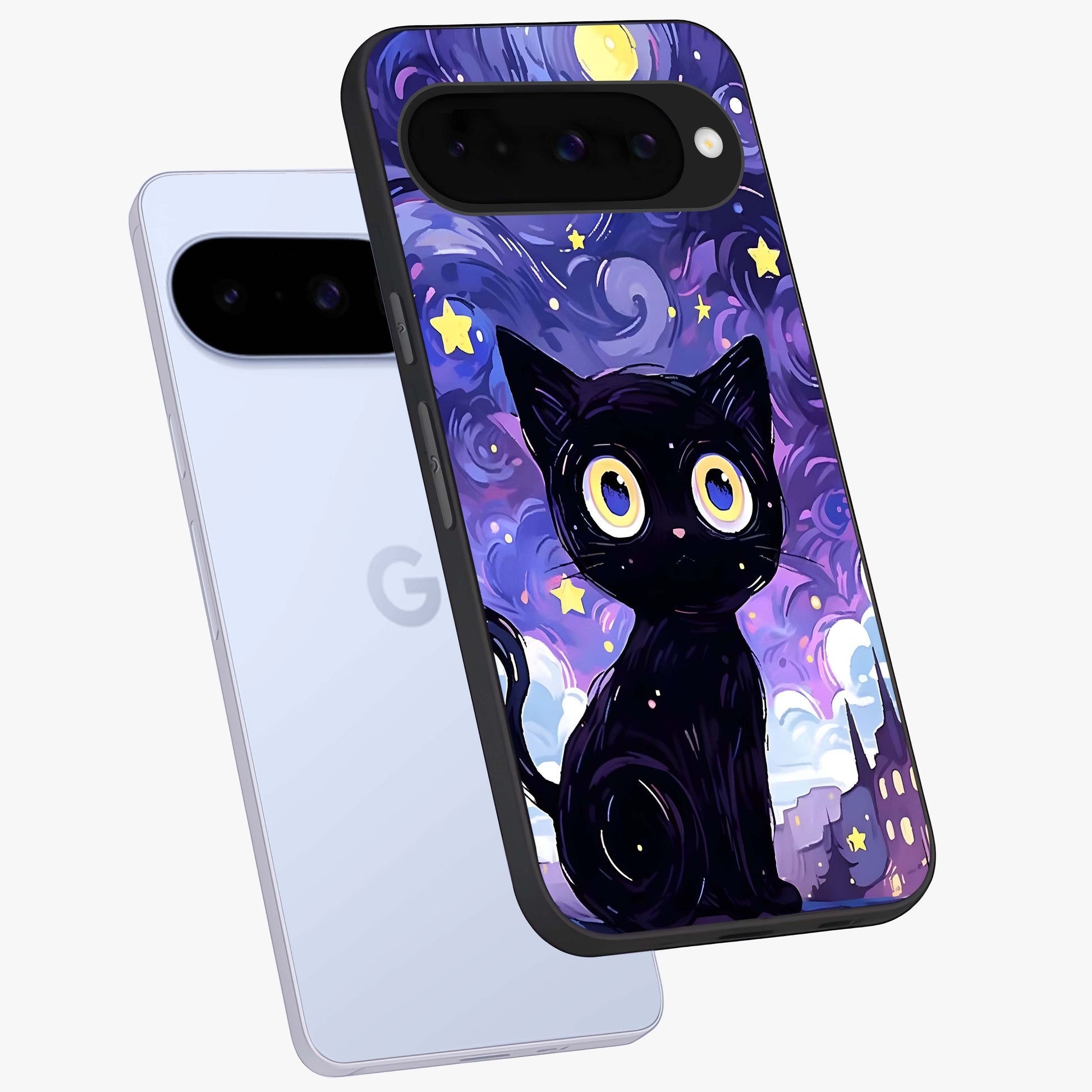 Abstract Cat Art Glass Case displayed in angled mockup highlighting modern abstract cat artwork and sleek glass surface.