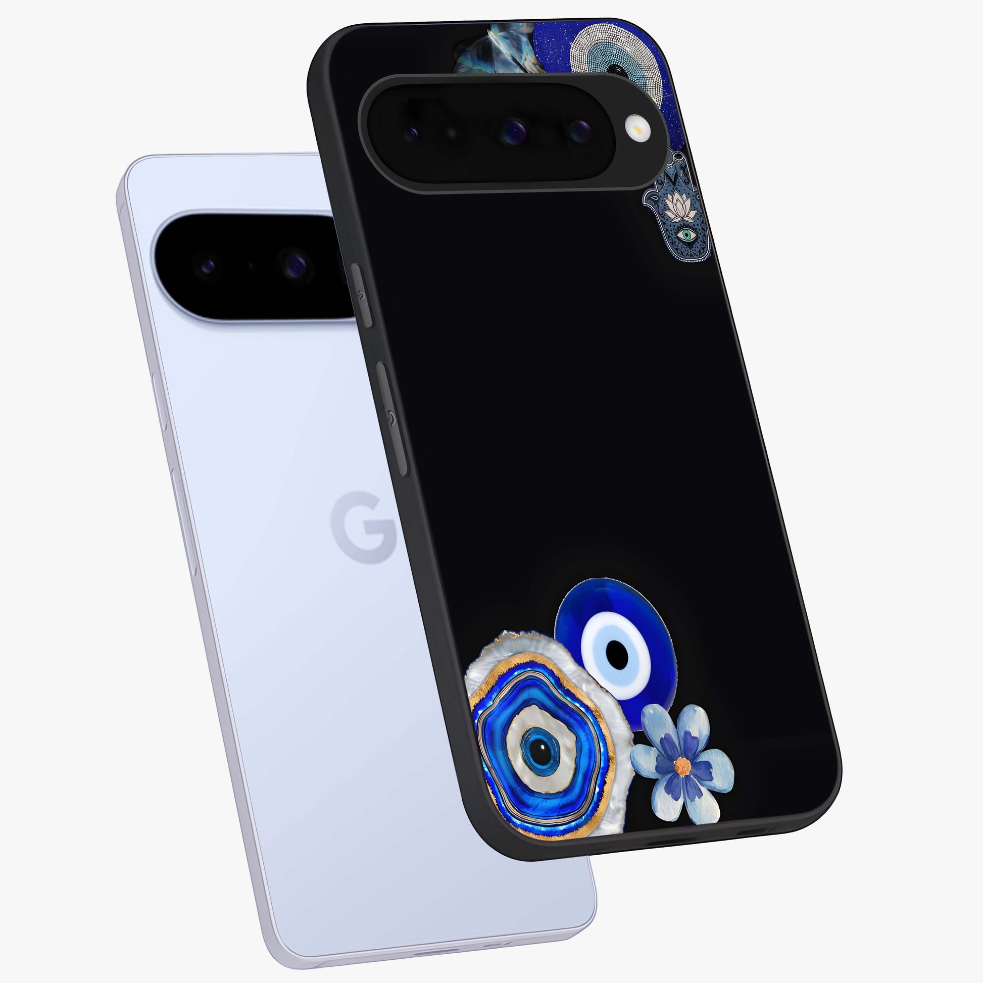 Aesthetic Blue Evil Eye Glass Case displayed in angled mockup highlighting blue evil eye symbol and spiritual aesthetic design.