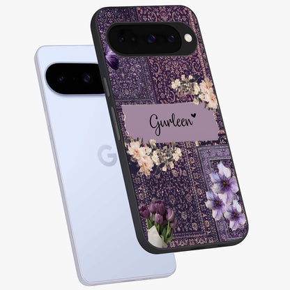 Antique Floral Whisper Custom Name Glass Case displayed in angled mockup highlighting elegant antique floral aesthetic.
