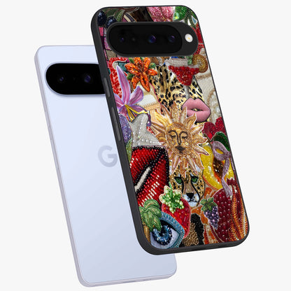 Beaded Fashion Jungle Glass Case displayed in angled mockup highlighting colorful fashion bead design and artistic pattern.