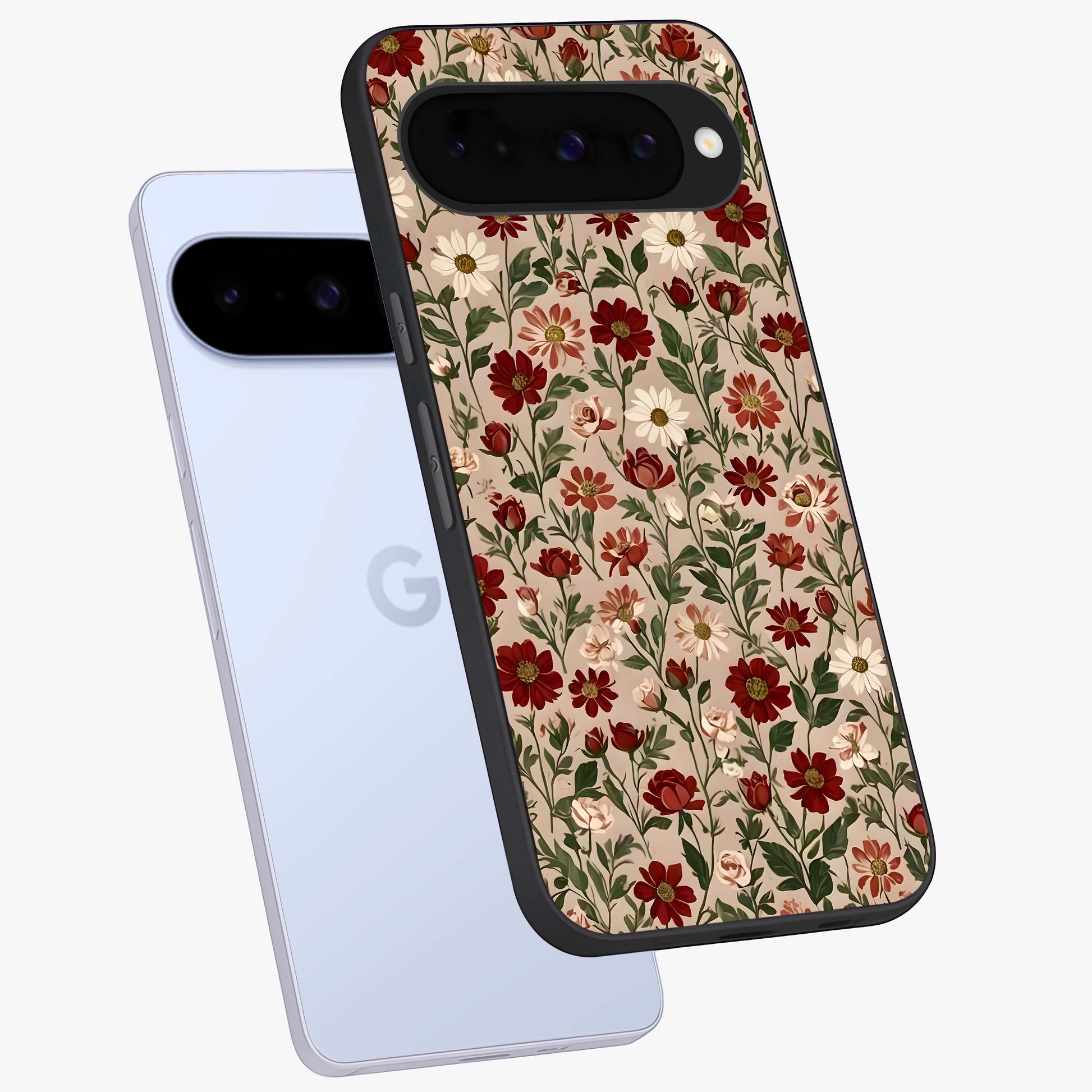 Biege Flower With Leaf Glass Case displayed in angled mockup highlighting minimal floral leaf design and elegant aesthetic.