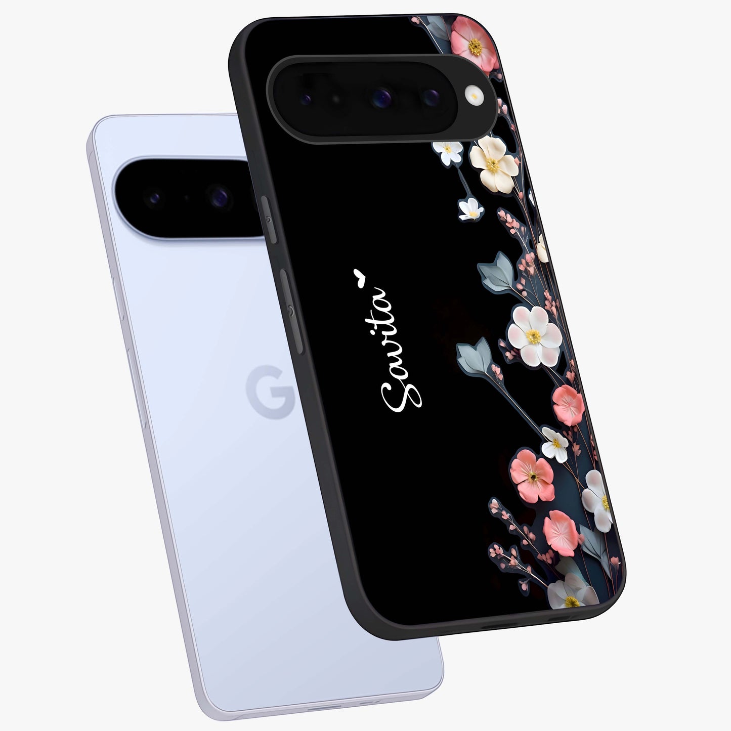 Black Elegance Floral Custom Name Glass Case displayed in angled mockup highlighting dark floral aesthetic and custom name feature.