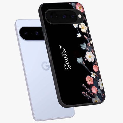 Black Elegance Floral Custom Name Glass Case displayed in angled mockup highlighting dark floral aesthetic and custom name feature.