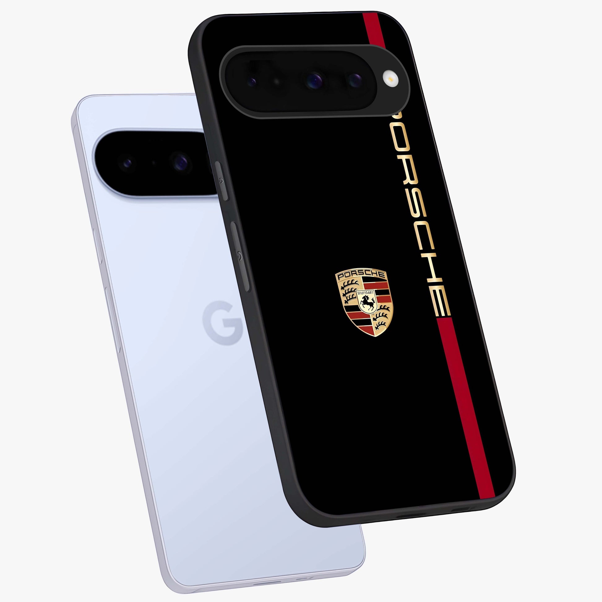Black Minimal Porsche Glass Case displayed in angled mockup highlighting modern minimal car illustration and clean aesthetic design.