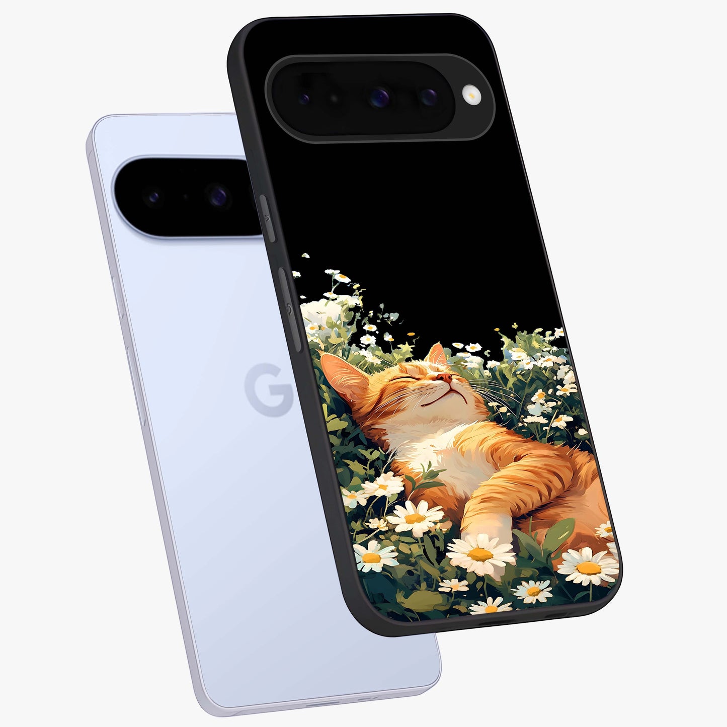 Blissful Bloom Cat Glass Case displayed in angled mockup highlighting playful feline illustration with soft floral aesthetic.