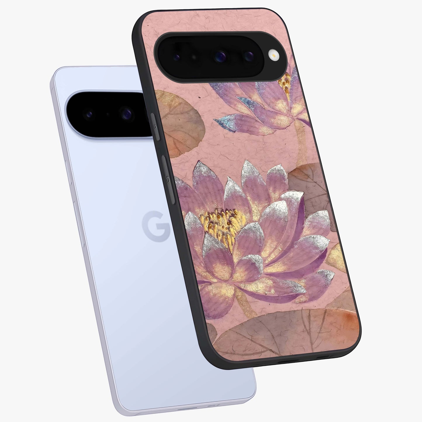 Blossom Mist Lotus Glass Case displayed in angled mockup highlighting delicate lotus illustration with calm aesthetic theme.