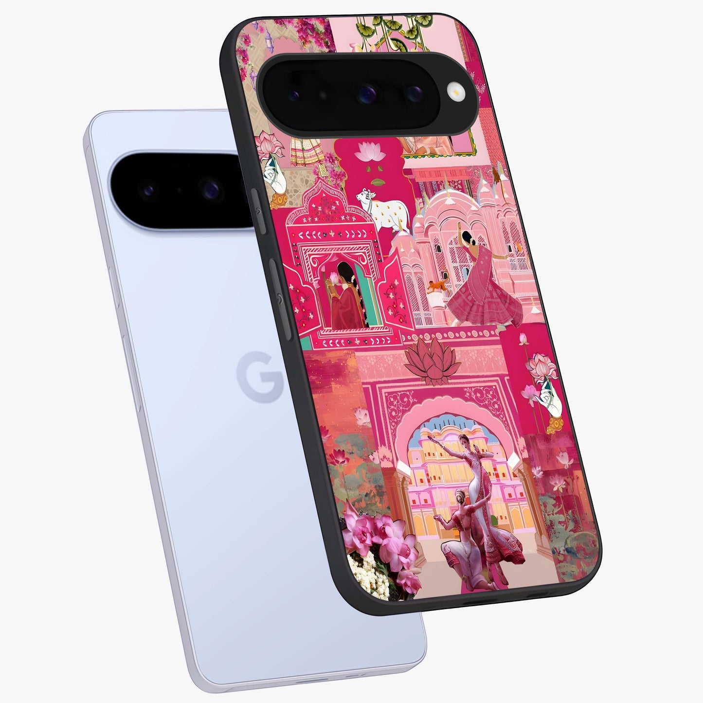 Blossoms of Rajasthan Glass Case displayed in angled mockup highlighting vibrant floral pattern with cultural aesthetic style.