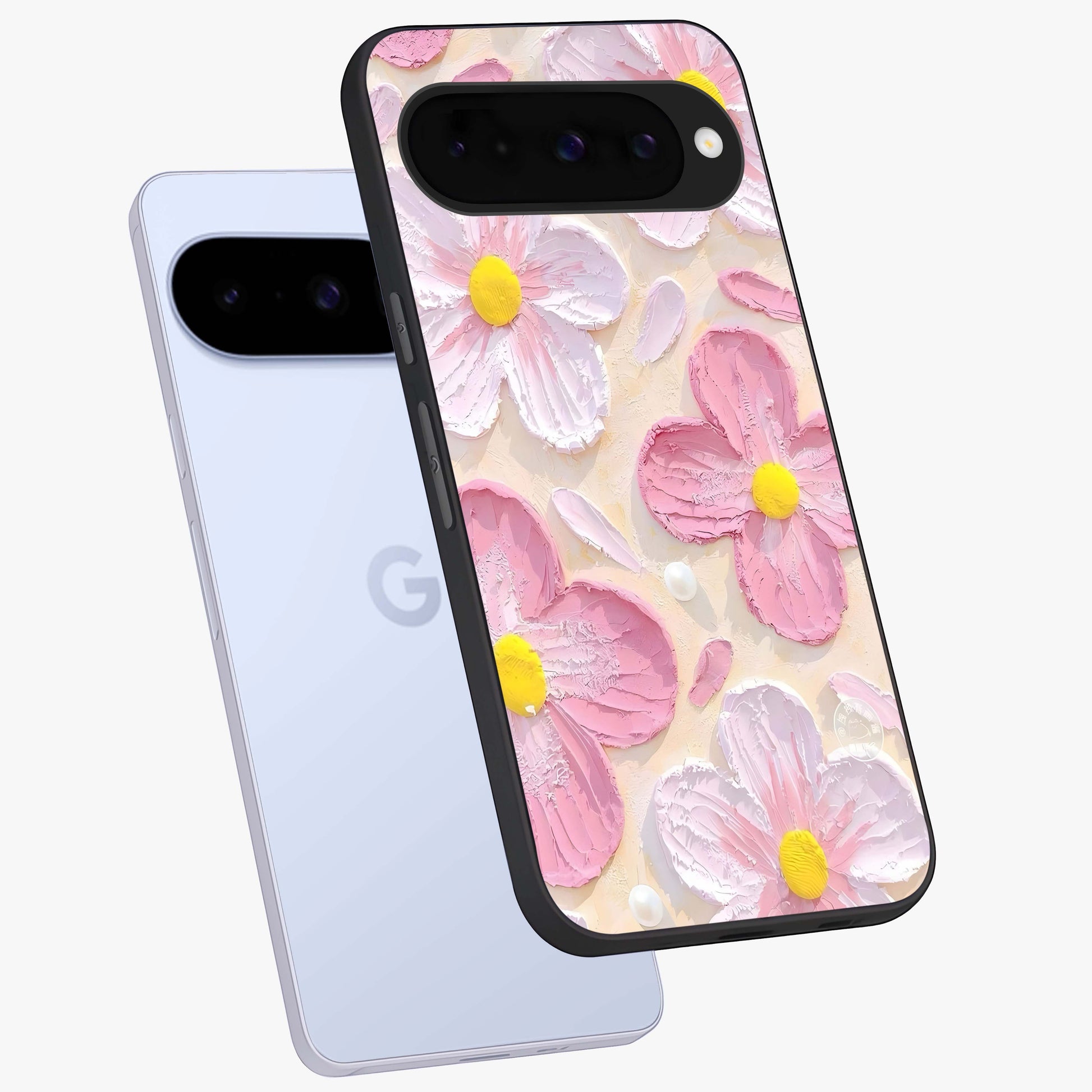 Blush Bloom Texture Glass Case displayed in angled mockup highlighting subtle bloom pattern with aesthetic pastel design.
