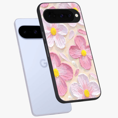 Blush Bloom Texture Glass Case displayed in angled mockup highlighting subtle bloom pattern with aesthetic pastel design.