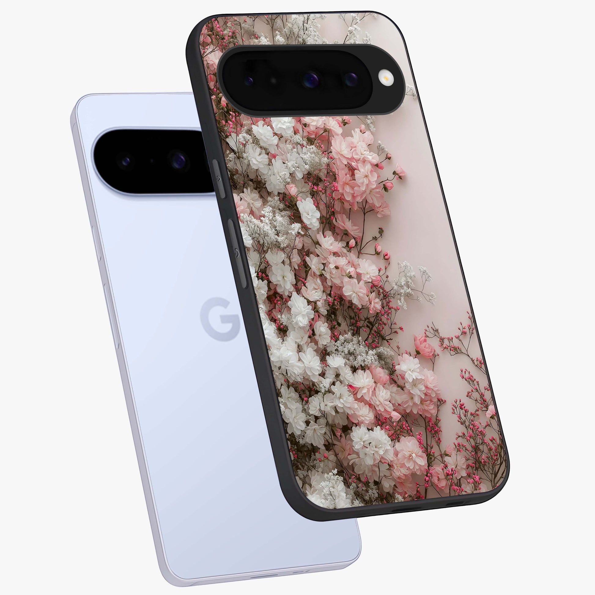 Blush Blossom Cloud Glass Case displayed in angled mockup highlighting soft cloud and blossom design with pastel aesthetic.