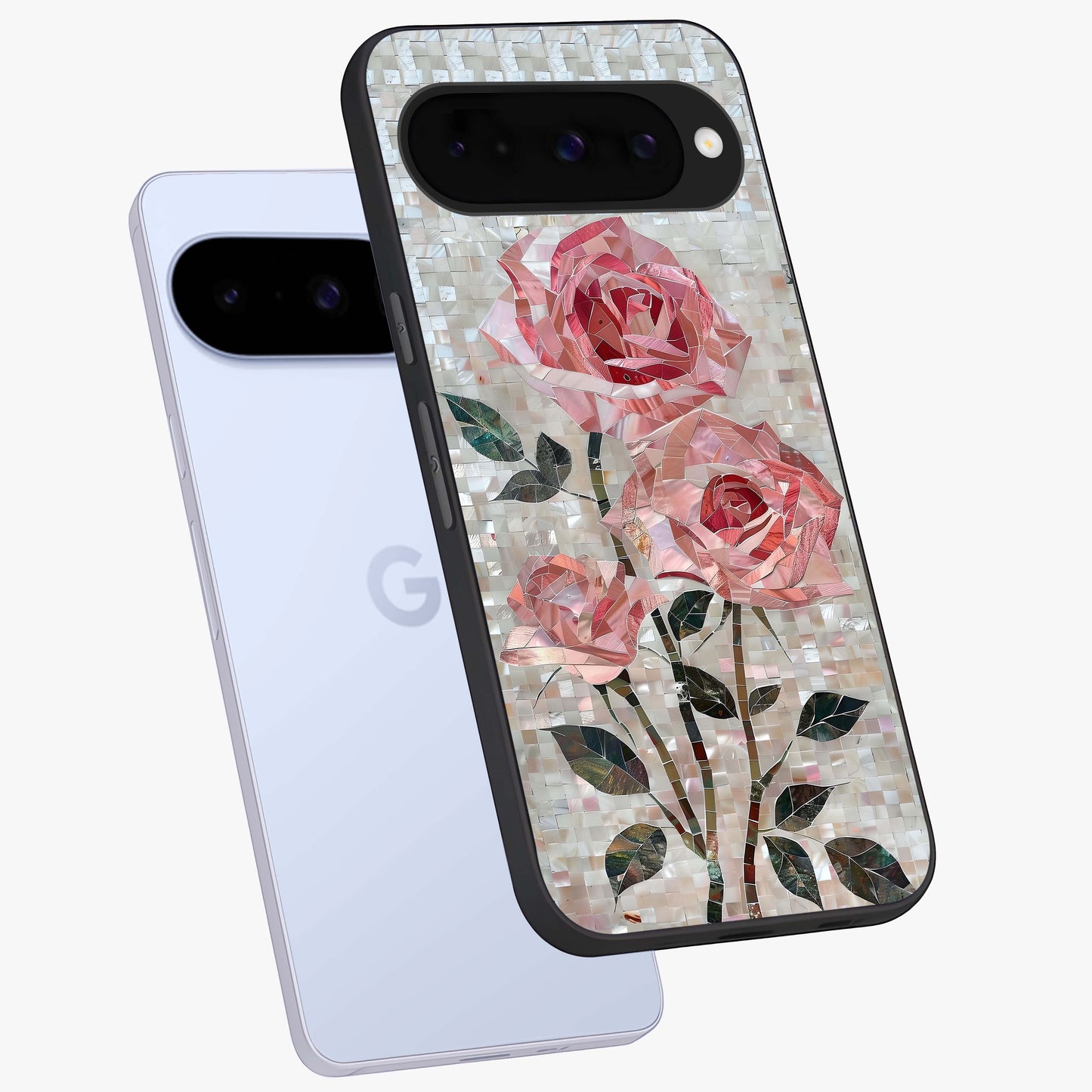 Blush Mosaic Bloom Glass Case displayed in angled mockup highlighting artistic mosaic flower pattern with aesthetic design.