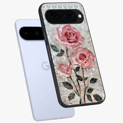 Blush Mosaic Bloom Glass Case displayed in angled mockup highlighting artistic mosaic flower pattern with aesthetic design.