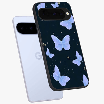 Butterfly With Stars Pattern Glass Case displayed in angled mockup highlighting dreamy butterfly and star design with aesthetic theme.