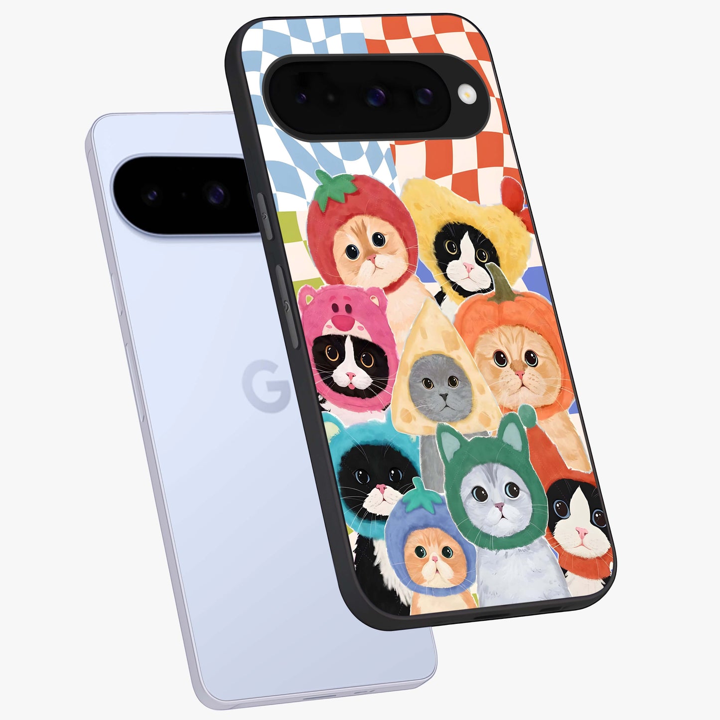 Cats in Fruits Glass Case displayed in angled mockup highlighting cute feline fruit design with colorful aesthetic style.